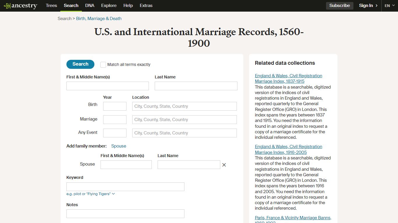 U.S. and International Marriage Records, 1560-1900